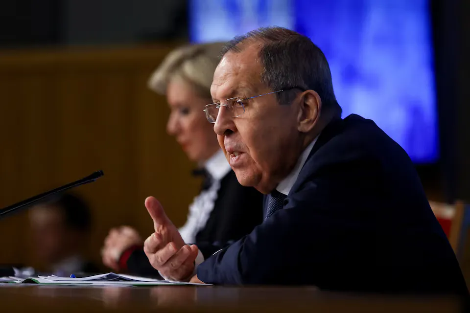Міністр закордонних справ Росії Сергій Лавров виступає під час щорічної прес-конференції в Москві, Росія, 14 січня 2025 року